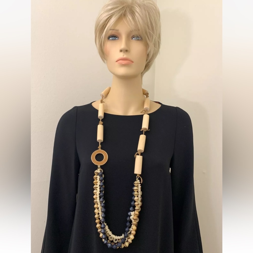 Piazza Sempione Long Choker Necklace Lucite Art Glass Wood Beads Leather Cord